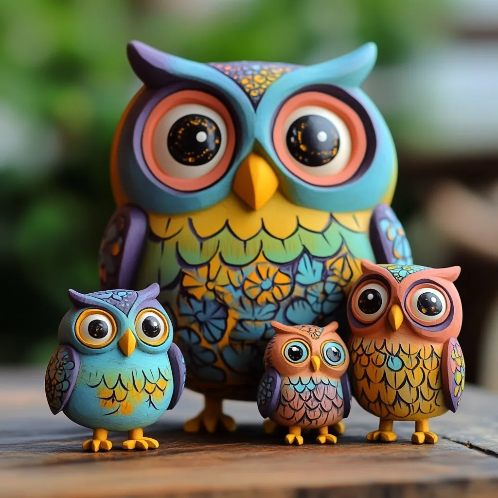 Three intricately painted owl figurines are arranged on a wooden surface. The largest owl is predominantly teal and yellow, adorned with floral patterns, while the smaller owls are teal and orange, respectively, showcasing similar decorative details.  Their large, expressive eyes and charming postures create a captivating and whimsical scene.