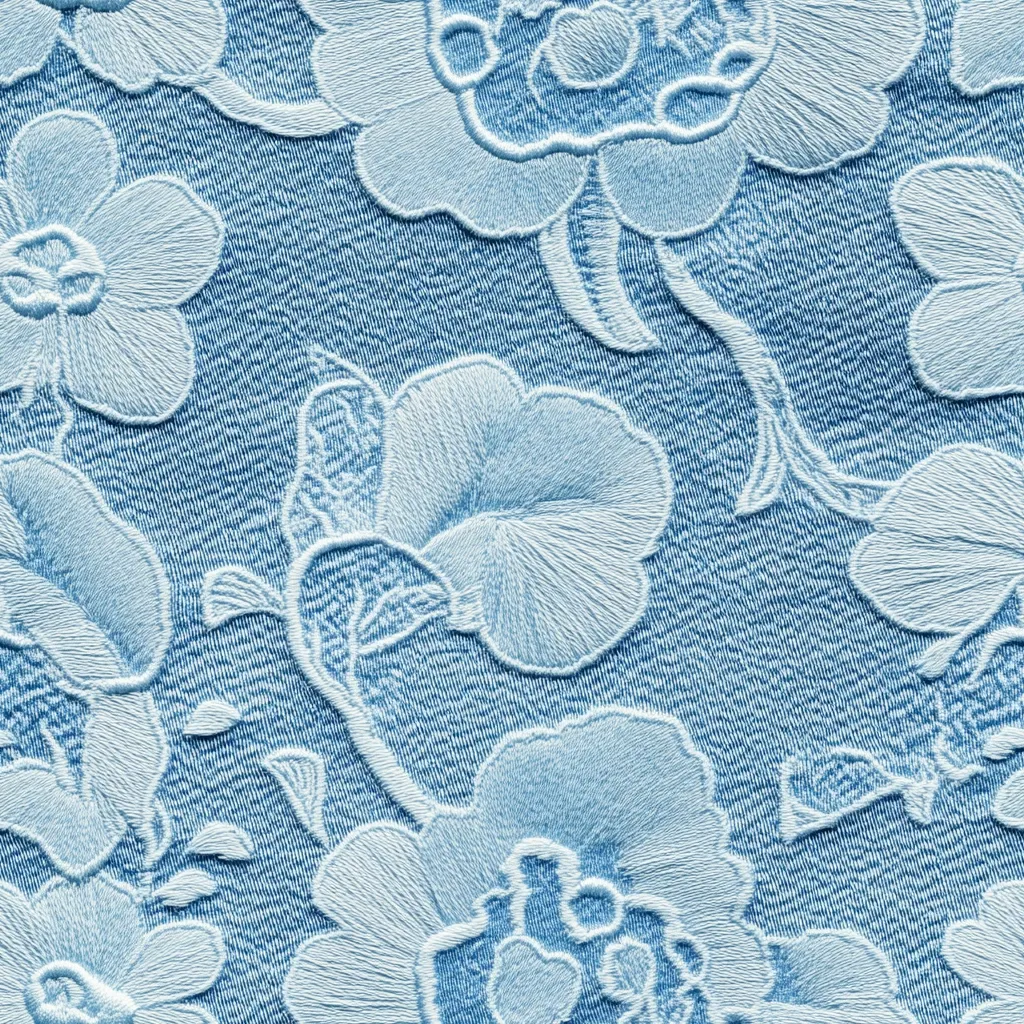 A detailed close-up reveals a textured fabric adorned with an intricate, embossed floral pattern. The light blue fabric is subtly textured, providing depth to the raised, embroidered flowers.  The design features stylized blossoms in varying sizes, creating a continuous, repeating motif across the surface. The overall effect is one of delicate elegance and refined texture.