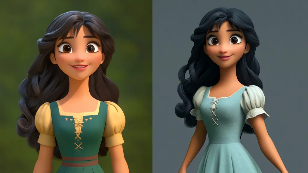 A side-by-side comparison of a 3D animated female character.  On the left, she wears a green dress with yellow puffed sleeves and a laced bodice.  The right shows the same character in a light teal dress with similar puffed sleeves, against a grey background. Both portrayals showcase the character's dark, wavy hair and large expressive eyes, highlighting a stylistic difference in rendering and color palette.