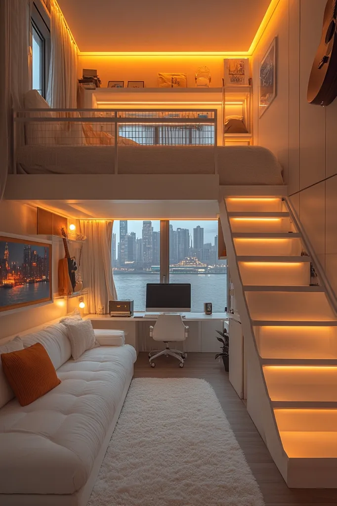 A modern, minimalist apartment features a loft bed with integrated lighting, overlooking a cityscape view.  Warm, orange LED strip lights accentuate the architectural details, creating a cozy ambiance.  Below, a white sofa, desk, and computer occupy the main living space.  A built-in staircase with similar lighting leads to the loft.  The overall design is clean, functional, and inviting.