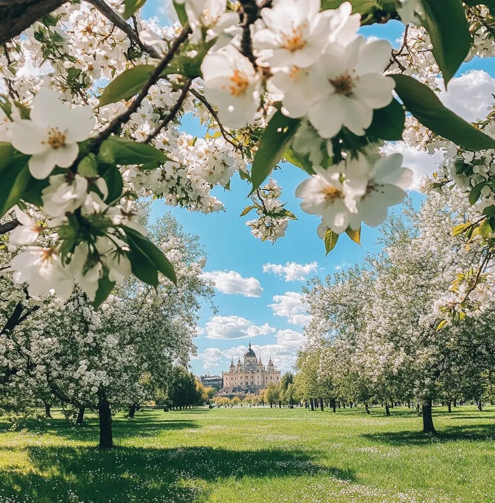 A picturesque scene unfolds: a grand, light-colored building, possibly a church or palace, stands majestically in the distance.  It's framed by rows of blossoming cherry trees, their white flowers creating a vibrant, springtime atmosphere.  The trees flank a verdant lawn, stretching towards the building under a partly cloudy blue sky. The viewer's perspective is from within the blooming trees, offering a natural, intimate framing of the scene.