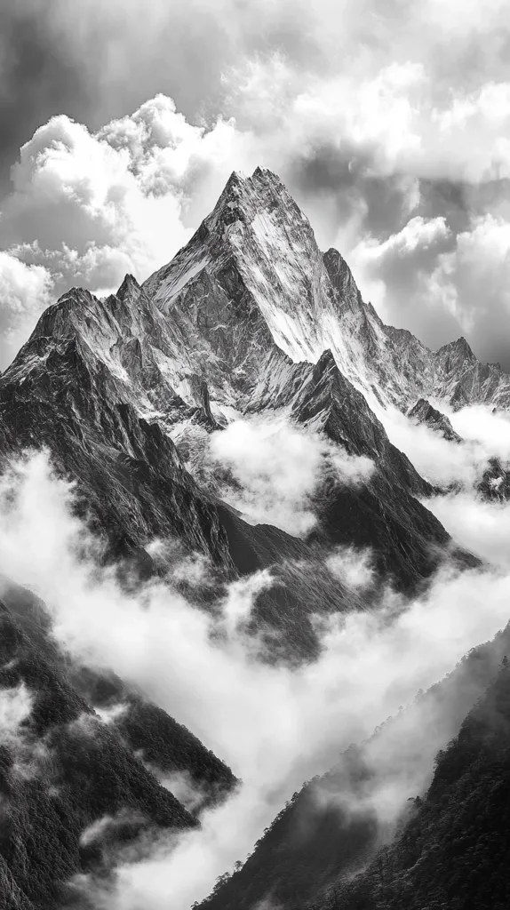 A majestic, snow-capped mountain peak dominates the grayscale landscape, shrouded in swirling clouds that billow through the valleys below.  The dramatic contrast between the stark mountain and the soft, ethereal clouds creates a powerful, serene image. The lower slopes are dark and textured, suggesting dense vegetation. The overall effect is one of awe-inspiring natural beauty and untamed wilderness.
