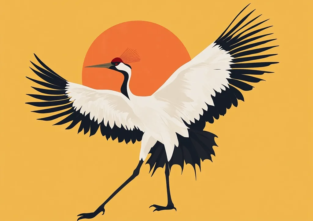 A stylized illustration depicts a red-crowned crane in profile view, its wings outstretched against a vibrant orange sun. The bird's plumage is rendered in stark black and white, creating a striking contrast against the warm background.  The crane's elegant posture and detailed feathers convey a sense of grace and power, evoking traditional Japanese art.