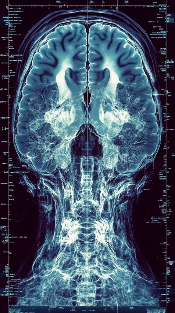 A detailed medical image showcases a sagittal view of the human brain and upper spinal column.  The image, likely an MRI or similar scan, displays intricate neural pathways and brain structures with high resolution.  The cyan color palette highlights the complex anatomy, providing a clear view of the brain's convolutions and the spinal cord's structure.  Surrounding data likely represents scan parameters.