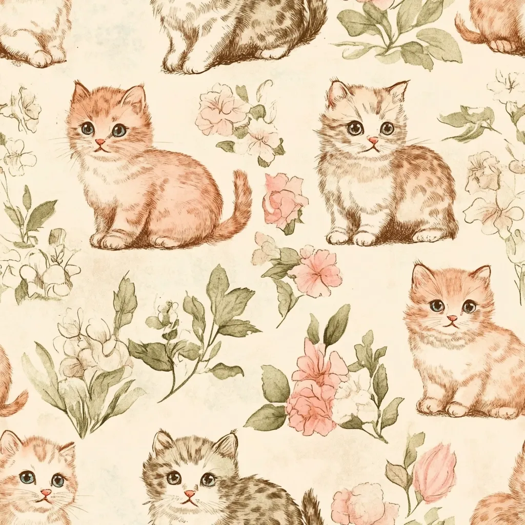 A charming seamless pattern features adorable kittens and delicate flowers.  Orange and tabby kittens are depicted in a watercolor style, sitting amidst various blossoms and leafy branches. The soft, pastel color palette and vintage aesthetic create a sweet and romantic design, perfect for textiles or stationery.  The kittens are rendered with soft fur and expressive eyes.