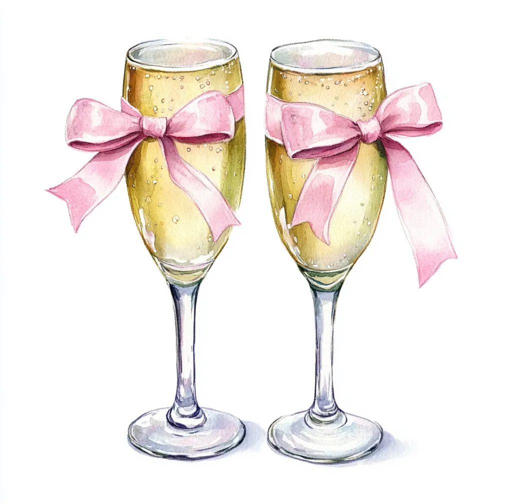 A watercolor painting depicts two champagne flutes filled with bubbly golden liquid.  Each glass is adorned with a delicate pink ribbon tied in a bow around the stem. The glasses sit side-by-side against a clean white background, creating a festive and elegant image perfect for celebrations or special occasions. The style is whimsical and romantic.
