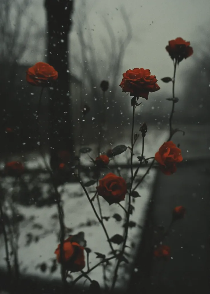Dark red roses bloom amidst a snowy, somber landscape.  The muted grey background emphasizes the rich color of the flowers, creating a moody and atmospheric image.  Snow falls gently around the roses, adding a layer of melancholy to the scene. The overall feel is one of quiet beauty and winter's somber elegance.