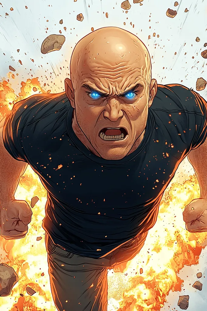 A bald, muscular man with glowing blue eyes is depicted in a dynamic pose amidst a fiery explosion. His expression is one of intense anger and exertion, his fists clenched.  He's wearing a dark t-shirt and pants, running forward through debris and flames. The image has a comic book style, with bold lines and vibrant colors. The overall feeling is one of power and aggression.