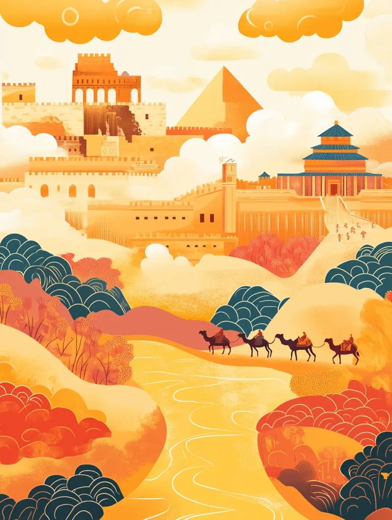 A stylized landscape depicts a caravan of camels traversing a winding riverbed towards a majestic cityscape.  Ancient architectural wonders, including a pyramid, a castle, and the Temple of Heaven, rise in the background, enveloped in a hazy, golden atmosphere.  The warm color palette and flowing lines create a dreamlike, fantastical scene.  The artwork suggests a journey through time and across cultures.