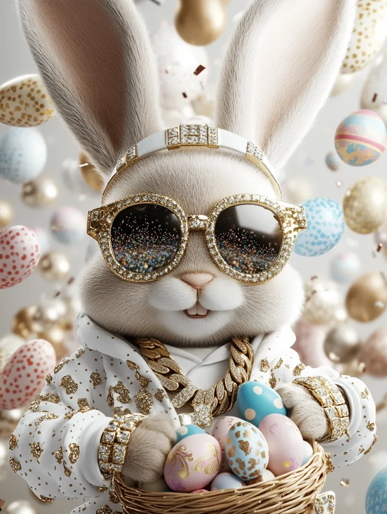 A stylish Easter bunny, adorned in diamond-encrusted sunglasses, a gold chain, and a white sparkly jacket, holds a wicker basket brimming with colorful Easter eggs.  Surrounded by a flurry of falling eggs, the bunny exudes a hip-hop vibe, creating a luxurious and playful Easter image.