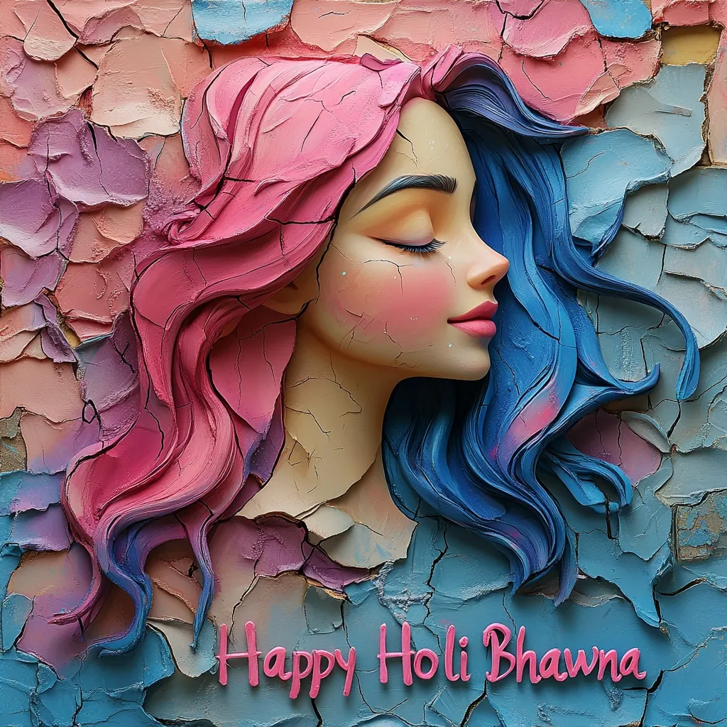 A three-dimensional artwork depicts a woman's profile with pink and blue hair.  Her eyes are closed, and her expression is serene. The textured background resembles cracked paint in various pastel shades. The words "Happy Holi Bhawna" are inscribed at the bottom, suggesting a festive greeting.  The style is highly textured and painterly, creating a visually striking effect.
