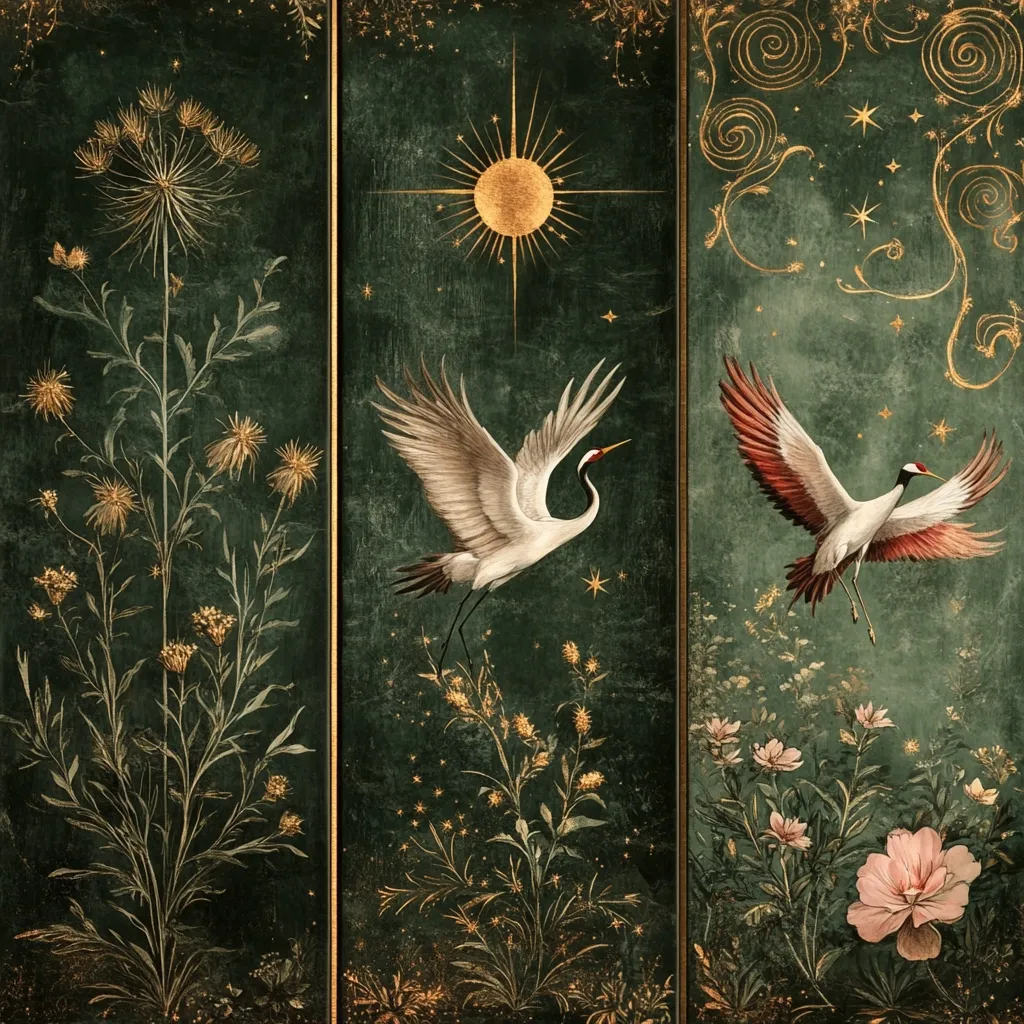 A triptych depicts a serene nocturnal scene.  Two cranes, one white and one red-brown, soar against a deep green backdrop speckled with gold stars.  Delicate gold floral motifs intertwine with stylized plants and blossoms.  A radiant sun and swirling patterns add celestial elements to this elegant, nature-inspired artwork.  The overall effect is one of mystical beauty and tranquility.