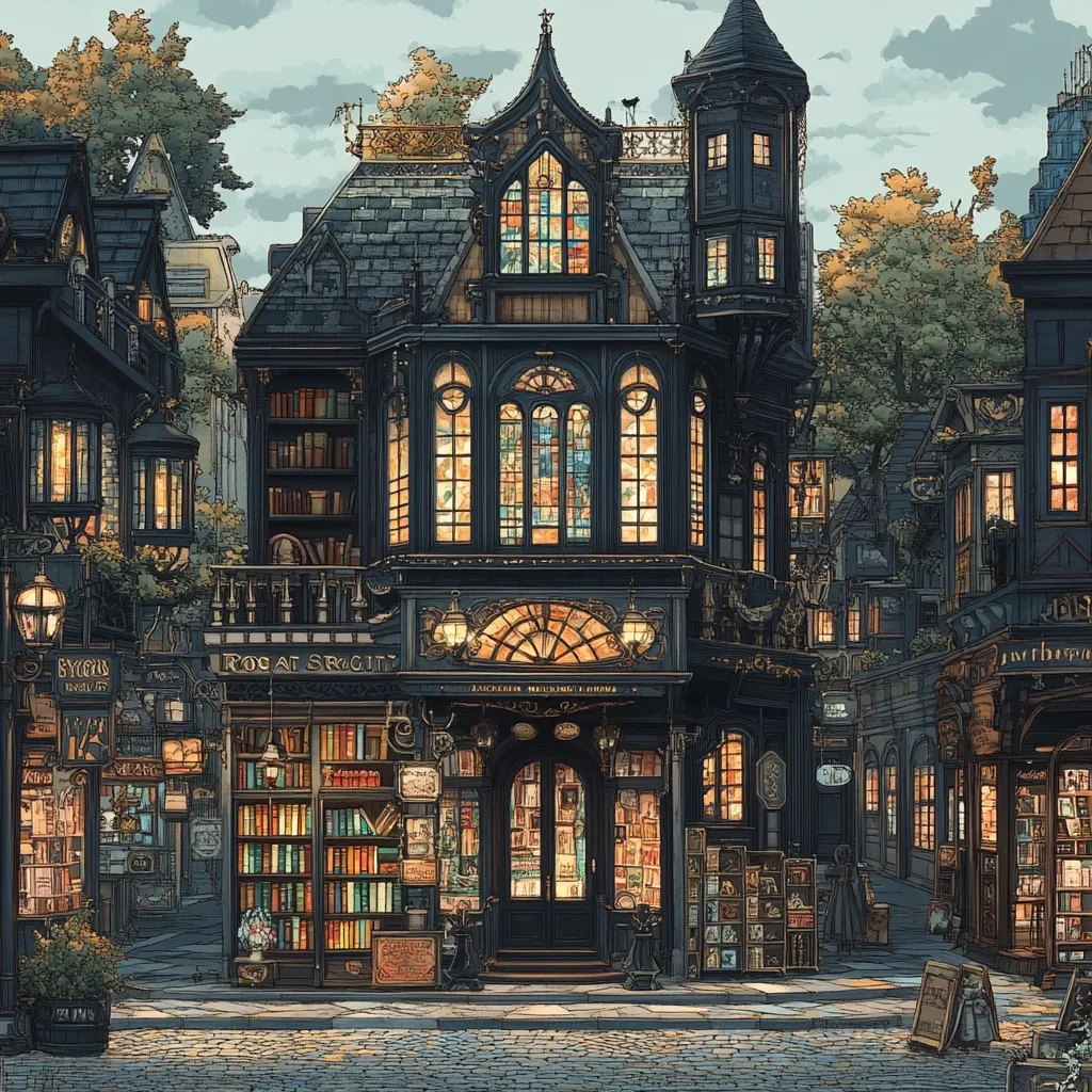 A charming illustration depicts a quaint, gothic-style bookstore at twilight.  The building, "Rogat Scrut," is richly detailed with ornate architecture, large stained-glass windows glowing warmly, and bookshelves overflowing with volumes.  Surrounding shops also display wares, creating a cozy, atmospheric street scene.  The cobblestone street and soft lighting enhance the whimsical, almost fairytale-like quality of the image.