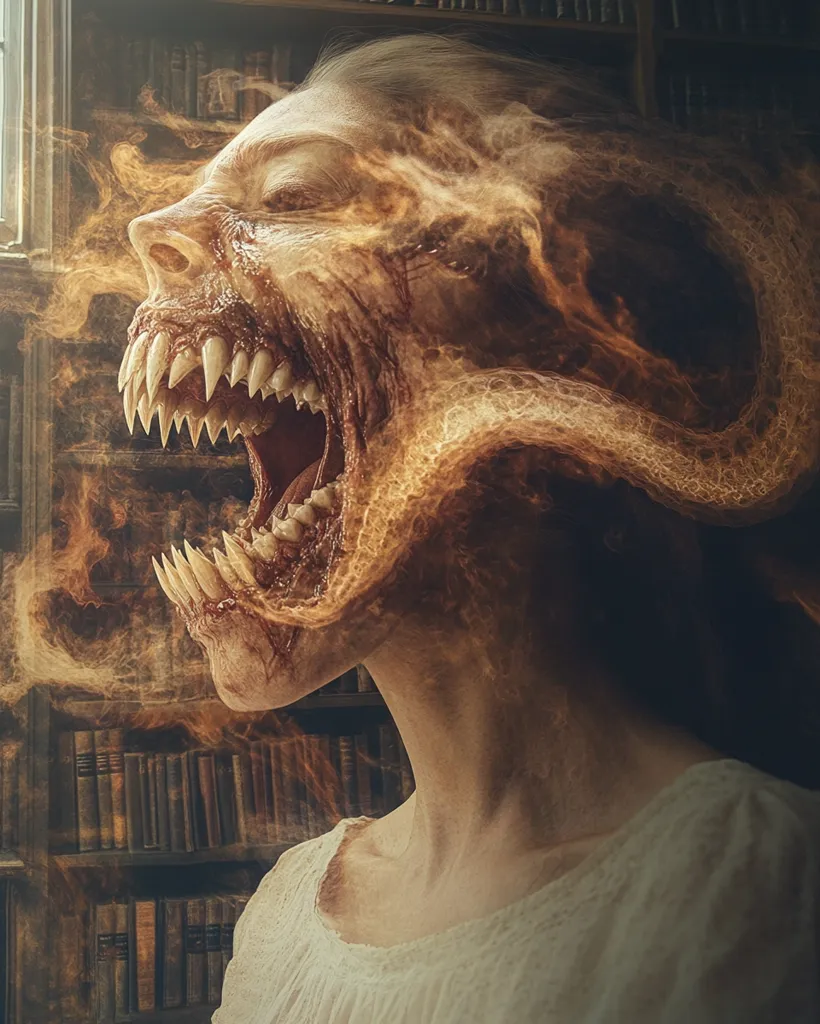 A digital artwork depicts a terrifying transformation. A woman's face morphs into a monstrous visage, engulfed in flames and smoke.  Her mouth is agape, revealing sharp, pointed teeth. The background suggests a library setting, adding to the unsettling atmosphere. The overall effect is one of horror and surrealism, evoking a sense of dread and the supernatural.