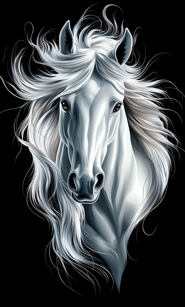 A majestic white horse portrait, set against a stark black background.  Its long, flowing mane and tail are exquisitely detailed, creating a sense of movement and grace. The horse's expression is serene, its eyes captivating.  The artwork uses shades of gray and white to highlight the horse's features, producing a striking and elegant image.