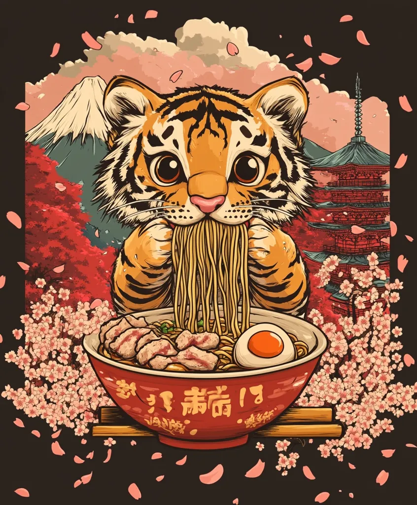 An adorable tiger cub, depicted in a vibrant anime style, enthusiastically devours a bowl of ramen.  The scene is set against a backdrop of Mount Fuji, cherry blossoms, and a traditional Japanese pagoda, creating a charming and whimsical fusion of Japanese culture and cute animal imagery.  The ramen bowl features text in Japanese, adding authenticity to the design.  Pink cherry blossom petals scatter across the artwork, enhancing the overall aesthetic.