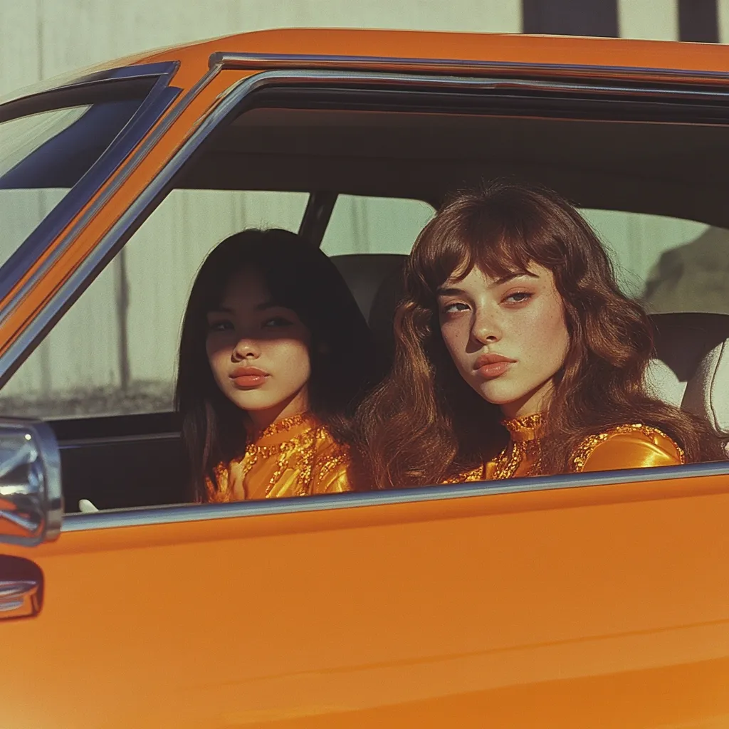 Two young women with long dark hair, dressed in shimmering gold tops, sit inside a vibrant orange vintage car.  Sunlight illuminates their faces, casting a warm glow. The car's interior is partially visible, and the overall aesthetic evokes a retro, 70s vibe.  Their expressions are serious and captivating, creating a striking image.