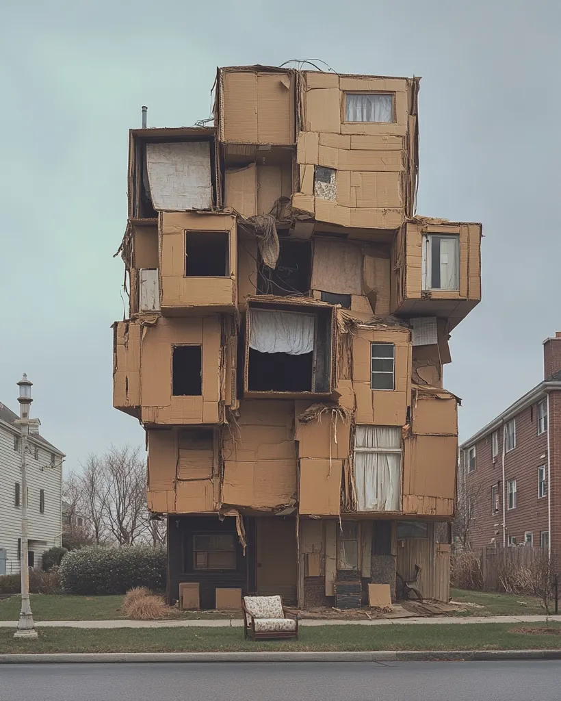 A surreal structure resembling a dilapidated house is constructed entirely from stacked cardboard boxes.  The haphazard arrangement creates a precarious, almost collapsing appearance.  Windows and doors are suggested within the cardboard framework.  A single armchair sits in front, adding to the unsettling, yet strangely artistic, scene. The house is situated on a quiet residential street.