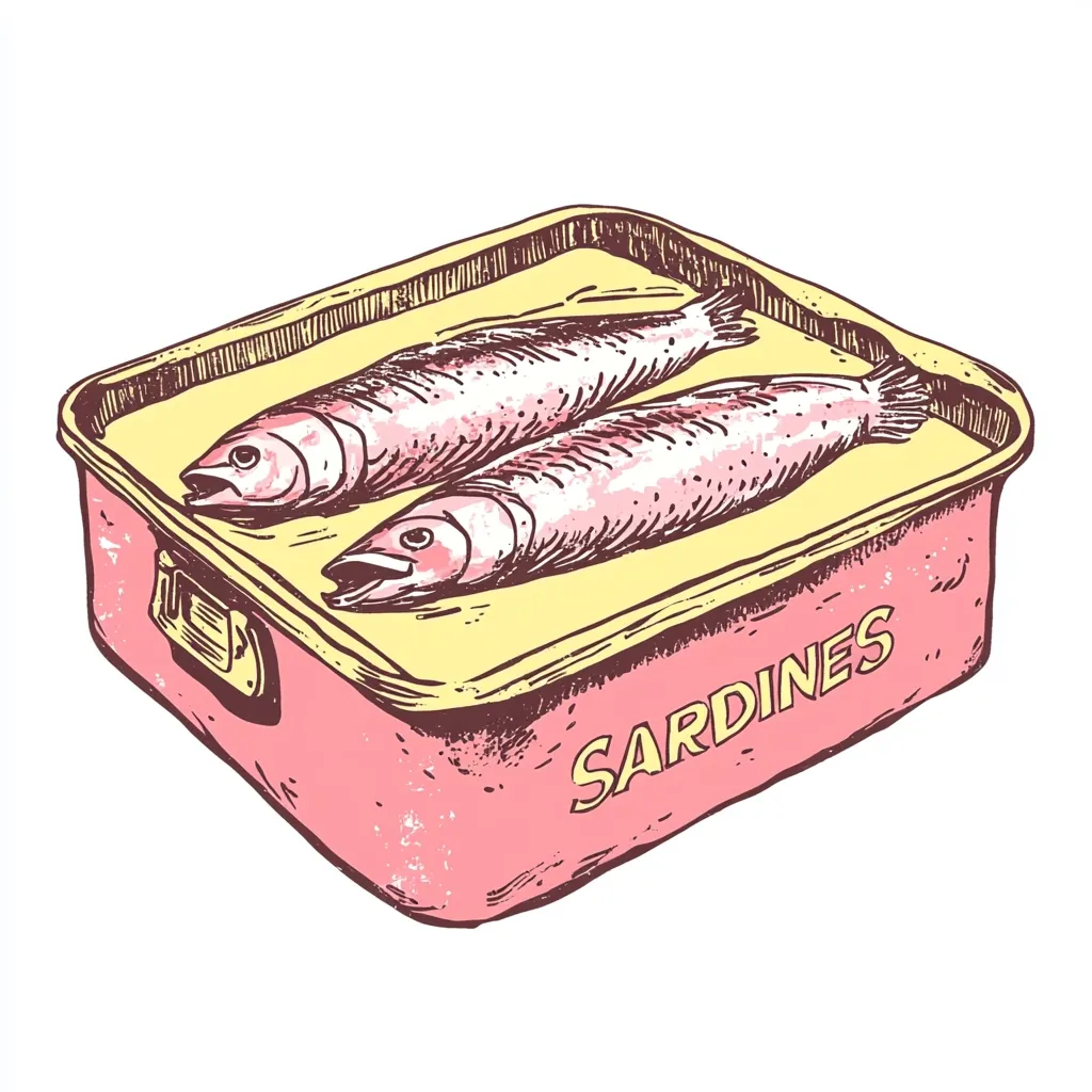 A stylized illustration depicts a pink sardine tin, viewed from an angle.  Two sardines, meticulously drawn in a vintage style, rest inside on a pale yellow background. The word "SARDINES" is prominently displayed on the tin. The overall aesthetic is reminiscent of retro packaging design, with a slightly textured appearance to the tin.
