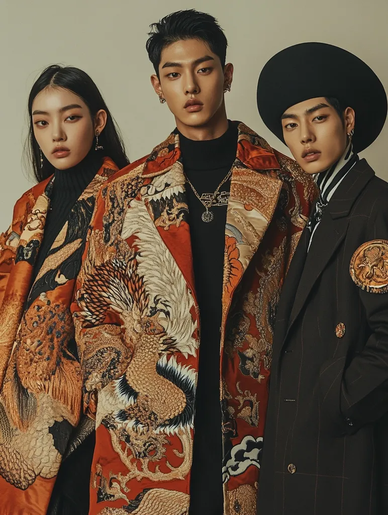 Three individuals pose for a fashion photograph.  A central figure wears an ornate, embroidered coat featuring phoenix-like birds in shades of orange and gold. Flanking them are two others; a woman in a similar patterned coat and a man in a dark, pinstriped suit and fedora.  The overall aesthetic is dark, moody, and luxurious with an Eastern-inspired design.