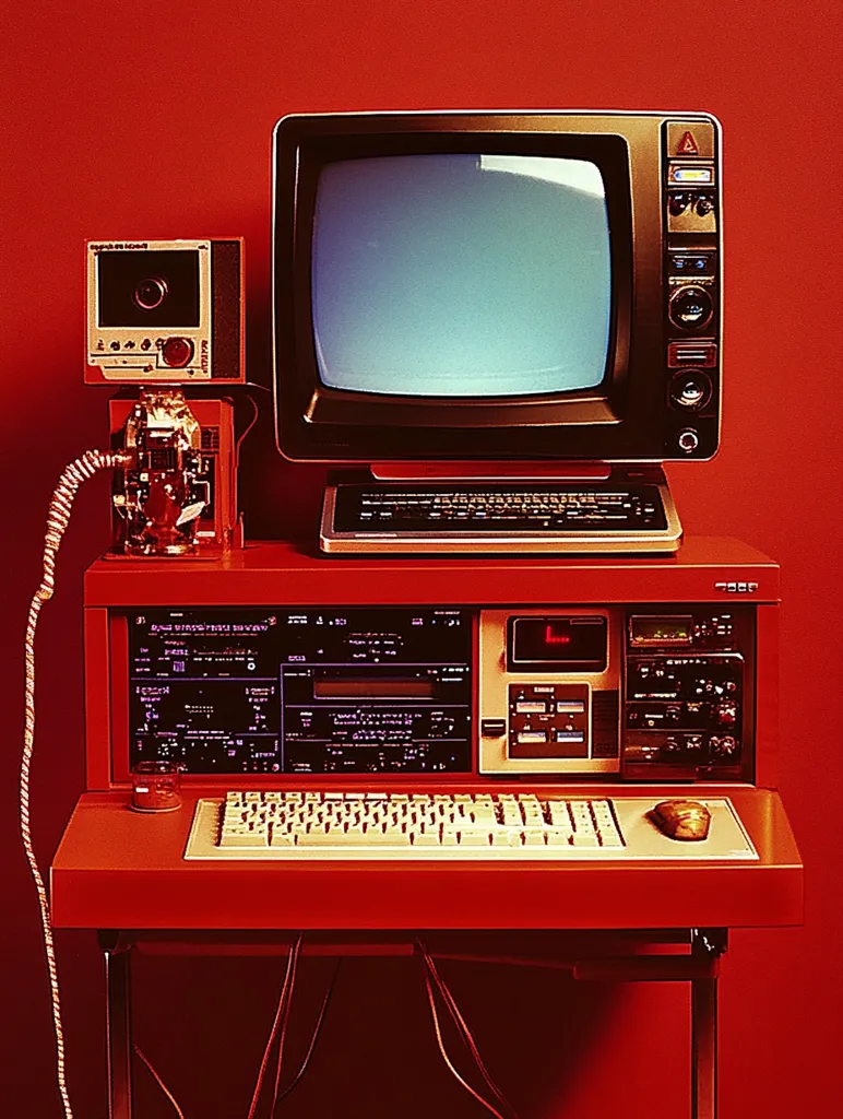 A vintage red computer system is displayed against a matching red background.  The setup includes a CRT monitor, a keyboard, a central processing unit with integrated display screen, and a small, attached camera device.  The overall aesthetic is distinctly retro, showcasing early computing technology.  Numerous cables connect the components, emphasizing the complexity of the system.  A mouse is visible on the desk.
