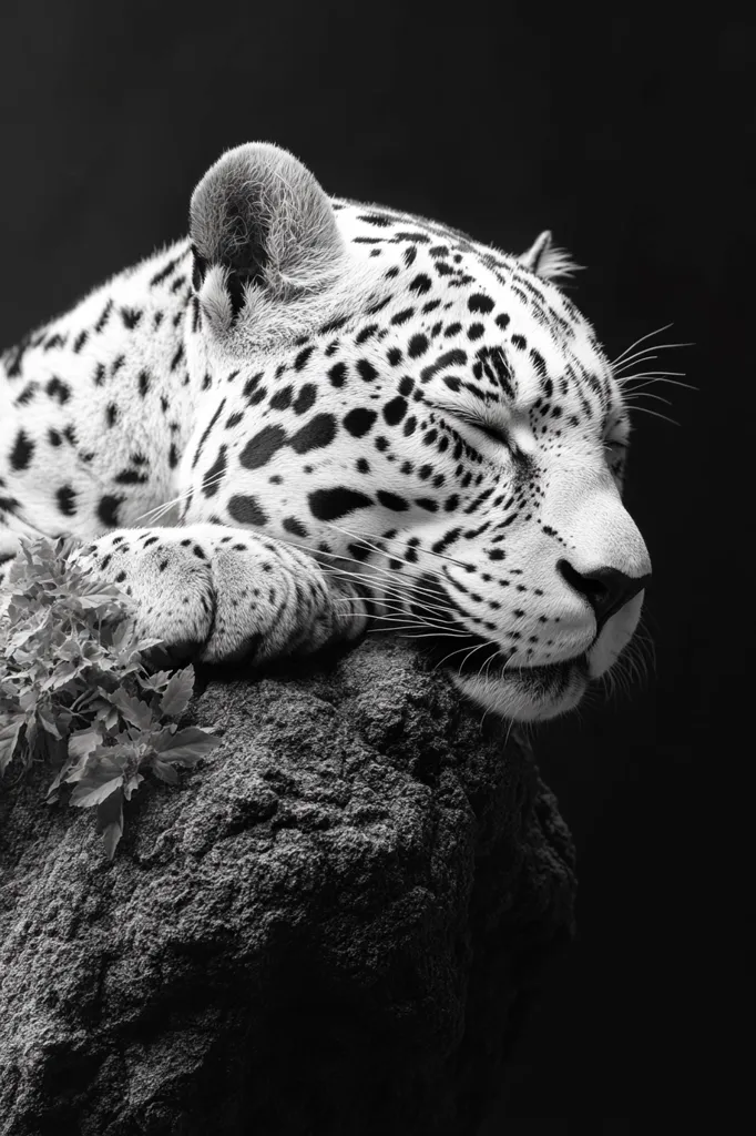 A stunning black and white close-up captures a snow leopard resting peacefully on a dark rock.  Its eyes are closed, and its spotted fur is exquisitely detailed. The contrast between the leopard's light fur and the dark background emphasizes its serene posture. A hint of vegetation is visible near the foreground. The image evokes a sense of tranquility and wild beauty.