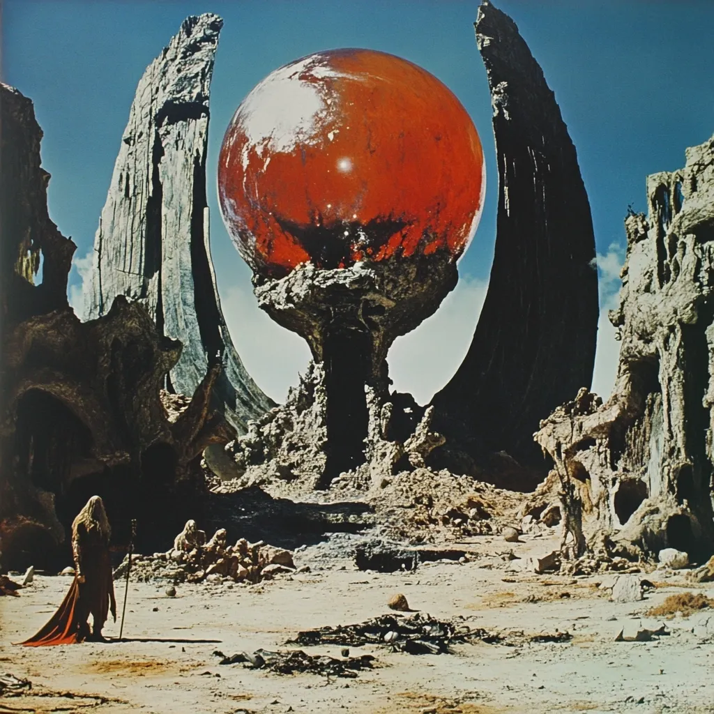 A desolate, alien landscape unfolds under a vibrant blue sky.  A colossal, fiery-red orb rests atop a dark, rocky pedestal, framed by towering, jagged formations resembling ancient, eroded structures.  A lone, cloaked figure, possibly a wizard or traveler, stands in the foreground, dwarfed by the immense scale of the scene, adding a sense of mystery and solitude to the otherworldly environment.