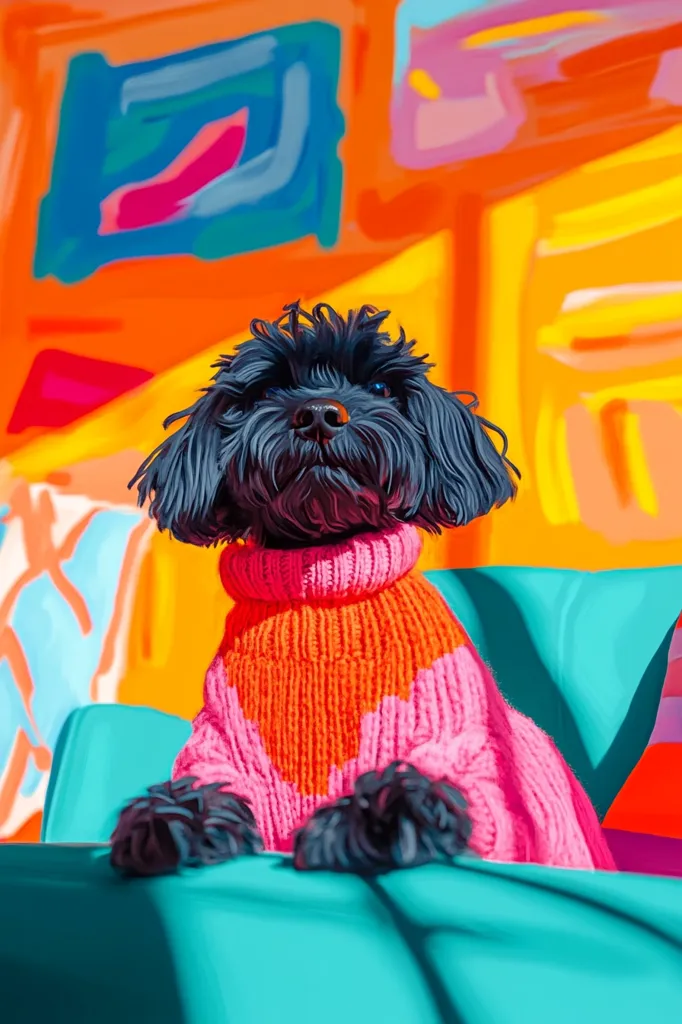 A black fluffy dog, possibly a poodle mix, sits on a teal couch, wearing a vibrant pink and orange knitted sweater.  The background is a colorful, abstract painting with bold hues of orange, blue, and pink. The dog looks directly at the viewer, creating a striking contrast between the pet and the artistic backdrop.  The overall image is playful and eye-catching.