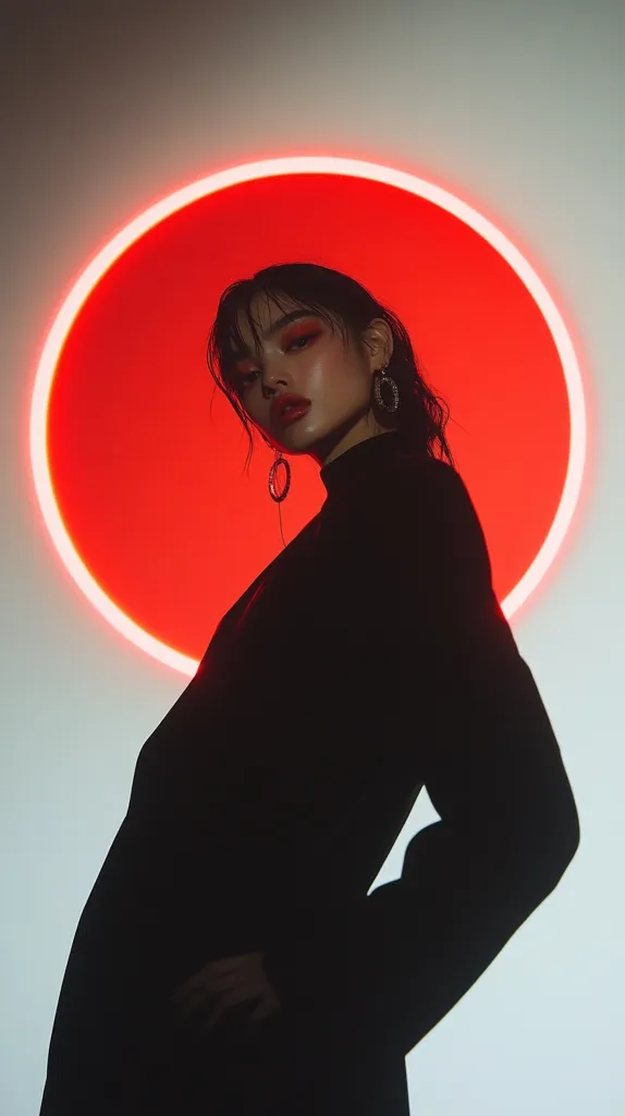 A fashion portrait of a young woman with dark hair and bold makeup. She wears a black turtleneck and stands against a backdrop of a large, bright red circle, creating a striking contrast between her dark attire and the vibrant background.  The image is dramatic and moody, emphasizing her strong gaze and confident pose.  The red circle acts as a powerful visual element, drawing the viewer's attention to her.