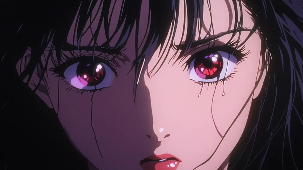 A close-up of an anime-style woman's face, her dark hair framing her expressive features.  Large, vibrant red eyes, filled with sorrow, are prominent, with single tears tracing paths down her cheeks.  The lighting accentuates the emotional intensity of the scene, highlighting the delicate details of her face and the glistening tears.  Her expression is one of profound sadness or distress.