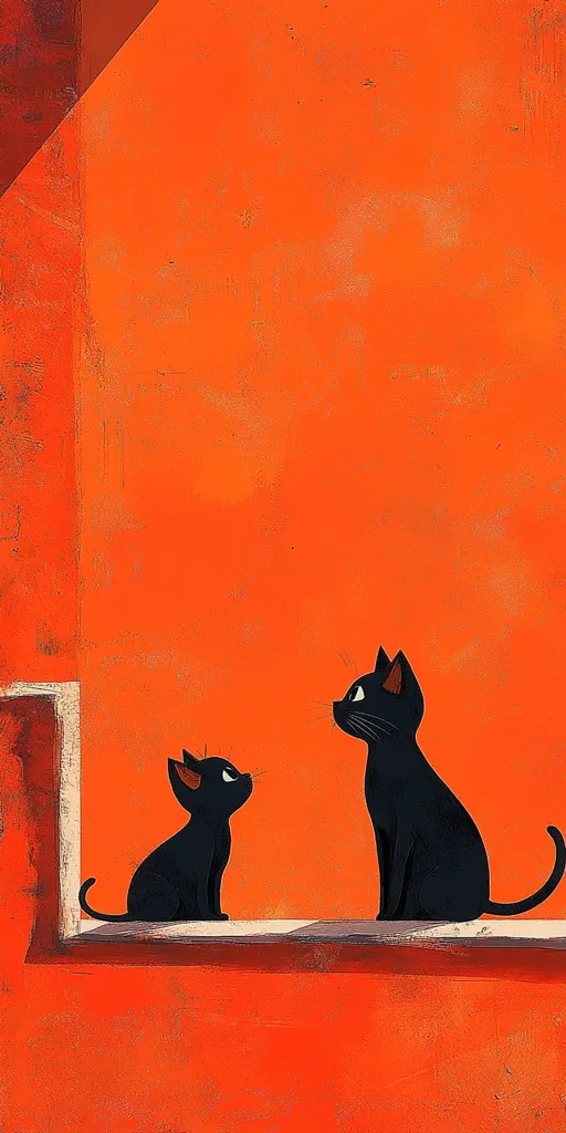 Two black cats, one large and one small, sit side by side on a ledge against a vibrant orange wall.  The larger cat is positioned to the right, facing the smaller cat.  The style is minimalist, with bold silhouettes and a textured background, suggesting a painted or illustrated aesthetic.  The orange backdrop provides a striking contrast to the black cats.