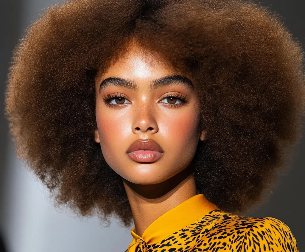 Close-up portrait of a young woman with a large, voluminous afro hairstyle.  She has warm, glowing skin, subtle makeup, and is wearing a mustard yellow animal print blouse. Her expression is serious and confident. The image is well-lit and focuses on her face and hair.
