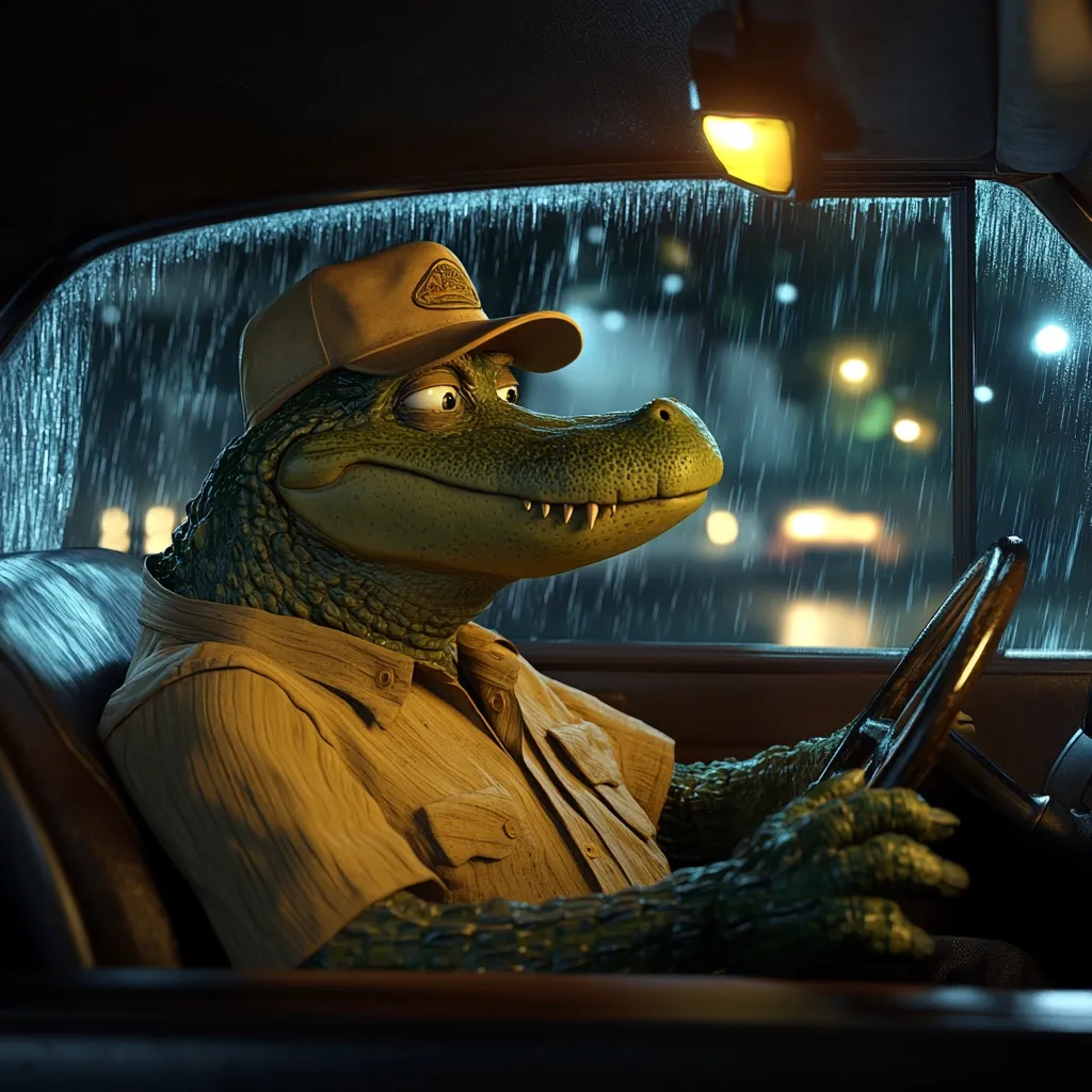 A digital rendering depicts an anthropomorphic alligator wearing a tan cap and shirt, seated behind the wheel of a vintage car. Rain streaks the windows, blurring the city lights outside.  The alligator's expression is calm and contemplative as he grips the steering wheel, creating a whimsical and slightly melancholic scene. The lighting and detail are highly realistic.
