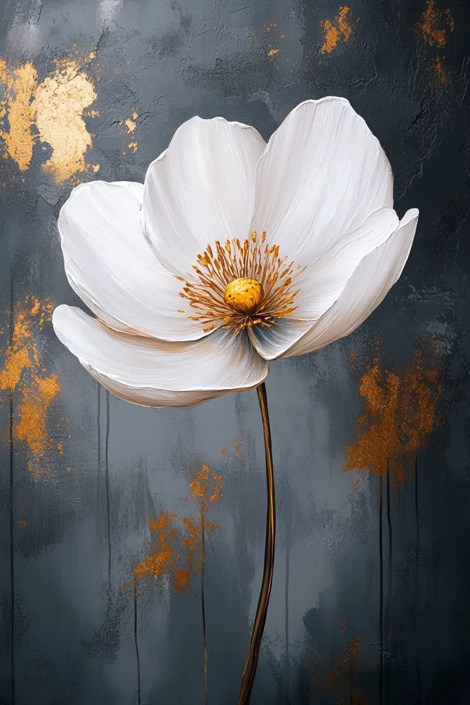 A single, large white flower, possibly a poppy or anemone, dominates the canvas. Its delicate petals are rendered with a painterly texture, contrasting with the dark gray background.  Splashes of gold accent the painting, adding a touch of elegance and luxury to the minimalist composition. The stem is a dark bronze color, leading the eye upwards to the pristine bloom.  The overall effect is one of serene beauty and sophisticated artistry.
