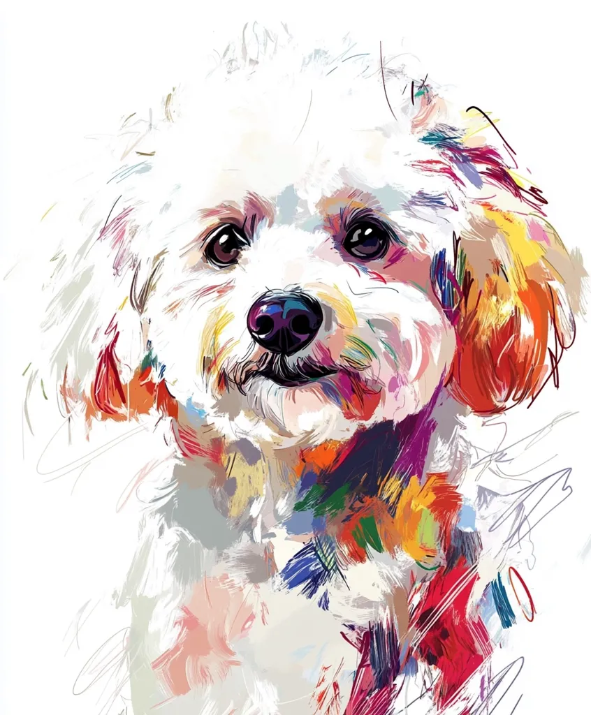 A vibrant, stylized portrait of a fluffy white dog, possibly a poodle or bichon frise.  The artwork uses bold, expressive brushstrokes in a rainbow of colors, contrasting with the dog's predominantly white fur.  The dog's face is central, conveying a gentle and curious expression. The background is a clean white, emphasizing the colorful subject.  The overall style is modern and artistic.