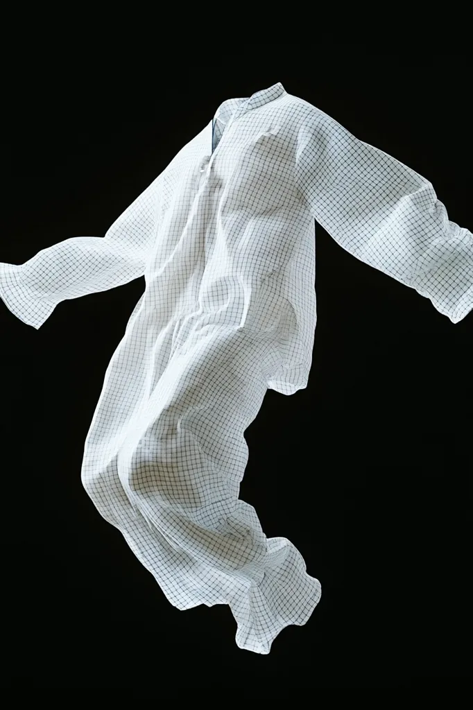 A white, lightweight pajama set with a subtle grid pattern is captured mid-air against a black backdrop. The fabric drapes and flows, showcasing its texture and ethereal quality.  The loose-fitting shirt and pants suggest comfort and relaxed wear. The image has a clean, minimalist aesthetic, emphasizing the garment's form and movement.