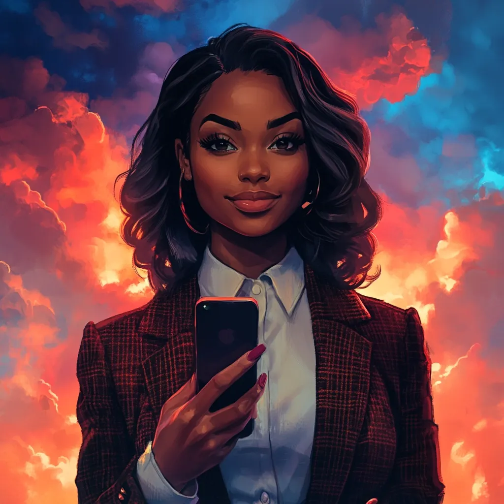 A stylized portrait of a young Black woman with dark, wavy hair. She's dressed in a red and brown plaid blazer over a white collared shirt and is holding a smartphone, her expression confident and subtly smiling. The backdrop is a vibrant, dramatic sunset sky filled with fiery orange, deep red, and blue hues. The overall style is digital art, with a focus on sharp lines and rich colors.