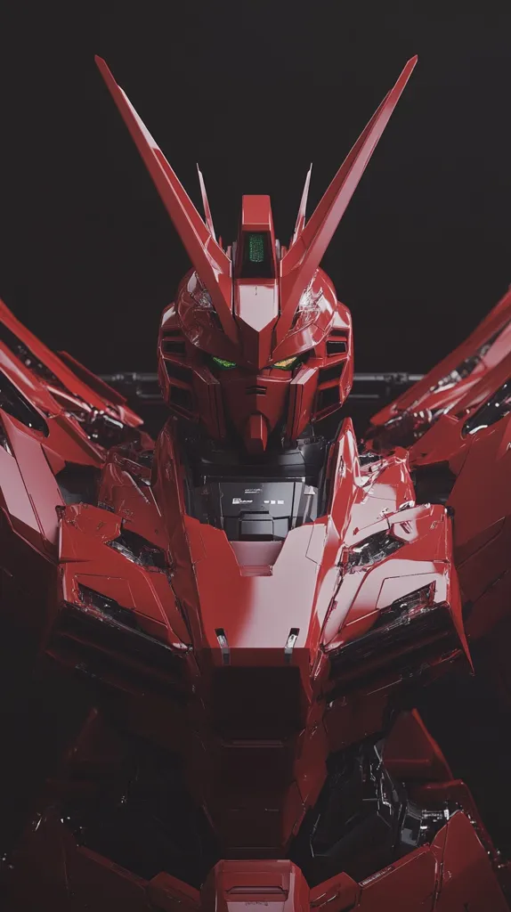 A striking close-up reveals a crimson mecha, its sleek, angular design emphasizing a powerful and imposing presence.  The robot's head, detailed with sharp features and glowing green eyes, dominates the frame.  The glossy red surface reflects light, highlighting the intricate mechanical details and suggesting a high level of technological advancement. The dark background enhances the mecha's vibrant color and overall dramatic effect.
