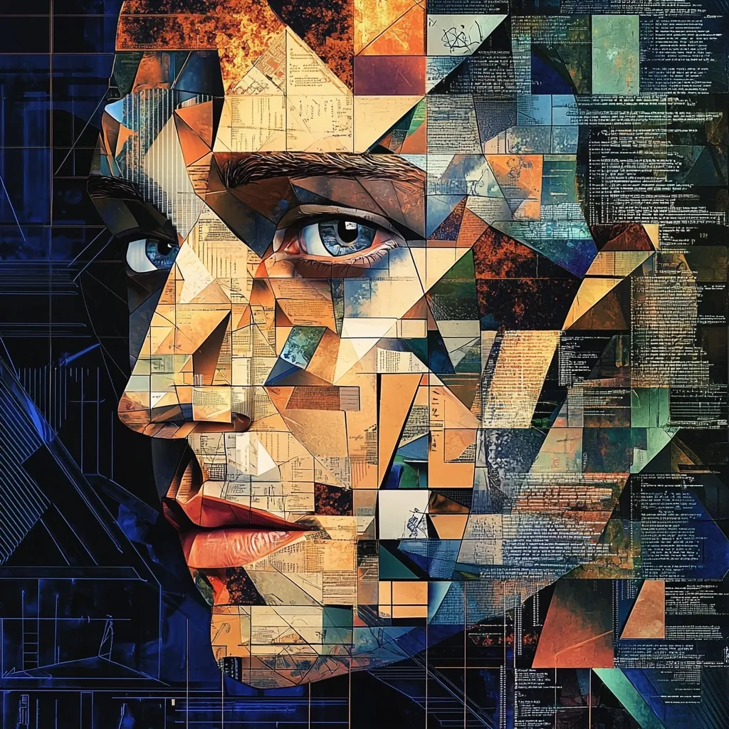 A cubist-style portrait of a person's face, fragmented into geometric shapes and textured with what appears to be snippets of text and documents.  The colors are warm and earthy, with hints of blue, creating a complex and layered effect.  The subject's piercing blue eyes are prominently featured, conveying a sense of depth and mystery amidst the abstract composition. The overall impression is one of technological influence and deconstructed identity.