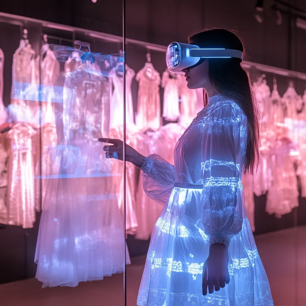 A woman wearing a white dress and a VR headset interacts with a digital display showcasing various dresses.  The display is integrated into a glass storefront, offering a futuristic shopping experience.  The scene is bathed in soft pink and purple lighting, enhancing the ethereal feel of the virtual clothing and the woman's dress.  The technology appears seamless, blending the real and virtual worlds.