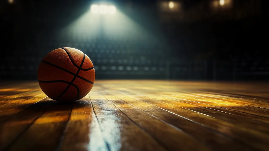 A basketball rests on a polished wooden court, bathed in the spotlight of an arena. The background is blurred, showing dark bleachers and distant lights, creating a dramatic and evocative image of a basketball game's atmosphere.  The focus is sharply on the ball, emphasizing its central role in the sport.  The warm tones of the wood and the cool shadows add depth and contrast.