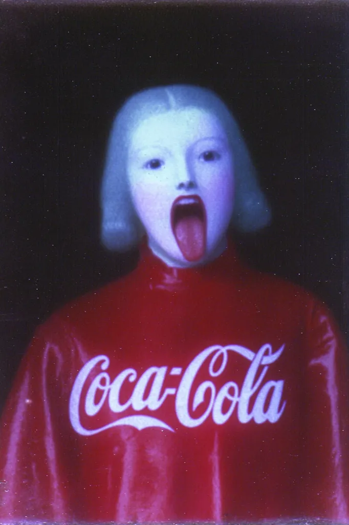 A pale-faced girl with short blonde hair is depicted wearing a red Coca-Cola branded jacket. Her mouth is open, and her tongue protrudes. The image is stylized and possibly a painting or digital artwork. The background is dark, emphasizing the girl and her attire.  The overall mood is somewhat unsettling or surreal.