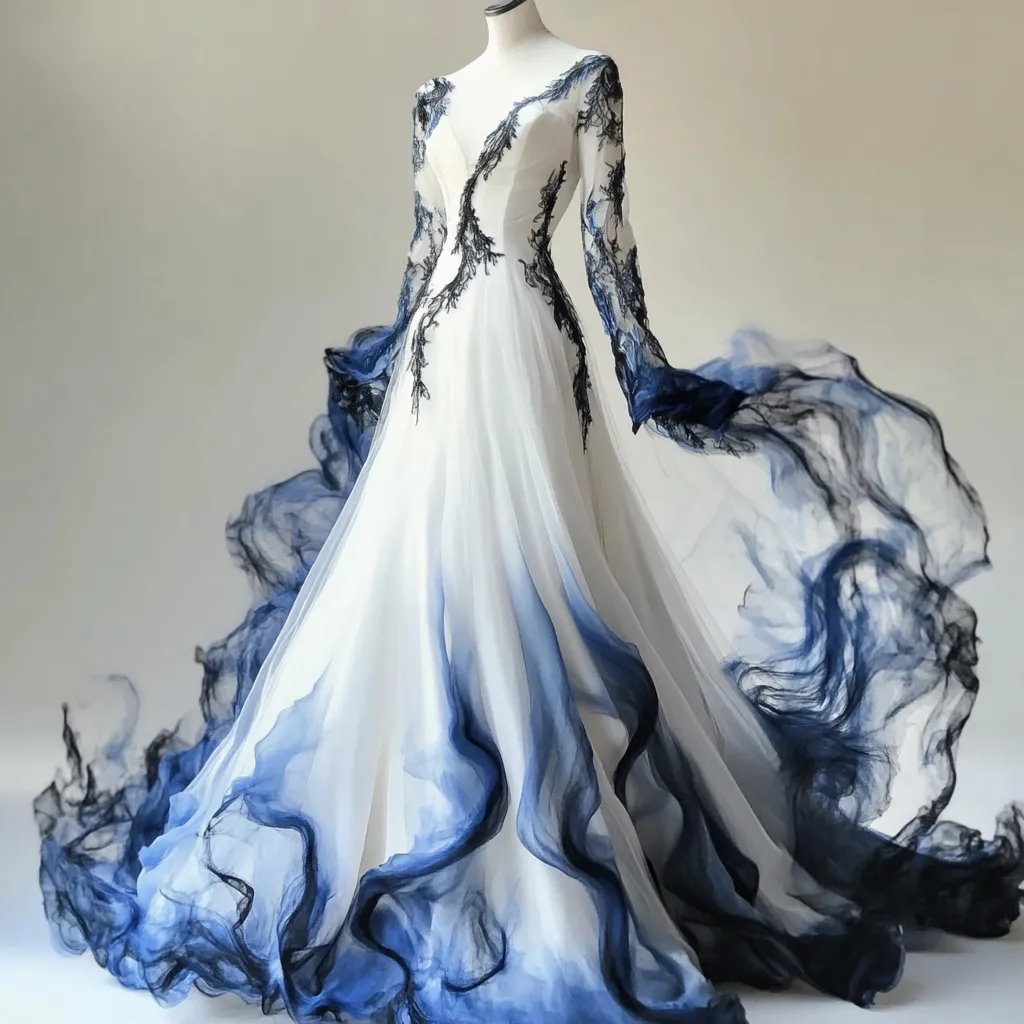 A breathtaking gown, predominantly white, transitions into a mesmerizing ombre of blues.  Long sleeves, adorned with intricate black lace detailing, add an element of gothic elegance. The flowing skirt creates dramatic, swirling movement, capturing a sense of ethereal beauty and artistic expression. The overall design is both romantic and darkly whimsical.