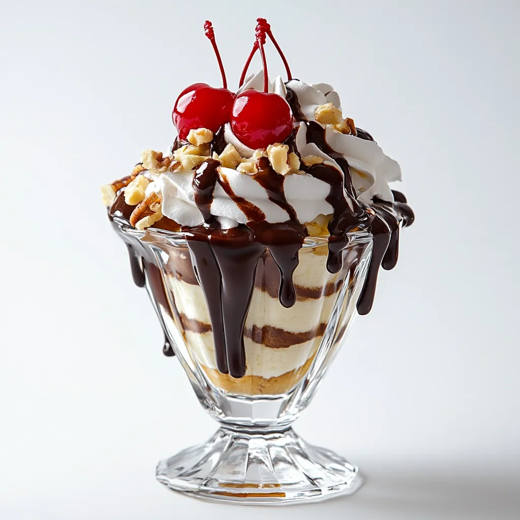A decadent dessert is presented in a clear glass bowl.  Layers of creamy filling and cake are generously drizzled with rich chocolate sauce.  The top is adorned with whipped cream, chopped nuts, and two bright red cherries. The entire creation is visually appealing and suggests a rich, sweet flavor.