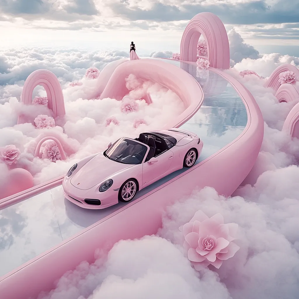 A pink Porsche convertible drives along a pink road in the clouds.  Surrounding the car are fluffy clouds, pastel pink flowers, and abstract pink arches. A woman in a long dress stands in the distance on a pink platform, adding to the dreamy, surreal atmosphere of the scene.  The overall aesthetic is whimsical and feminine.