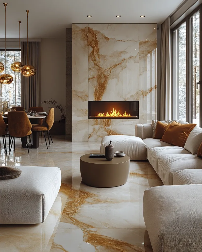A modern living room features a large, marble-clad fireplace as a focal point.  A low-slung, off-white sectional sofa is arranged around a circular coffee table.  The floor is polished marble, mirroring the fireplace's design.  A dining area with warm-toned chairs is visible in the background, along with elegant pendant lights.  Large windows offer a view of a snowy landscape.  The overall ambiance is luxurious and serene.