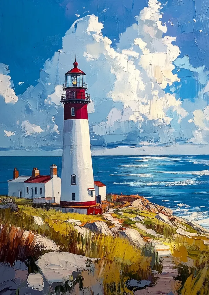 A vibrant painting depicts a picturesque lighthouse standing proudly on a rocky coastline.  The lighthouse, predominantly white with red accents, is set against a backdrop of a vivid blue ocean and a bright, cloud-filled sky.  A small keeper's house is nestled nearby, and a path winds through the golden grasses and rocks leading towards the sea. The impasto style creates a textured and dynamic feel.