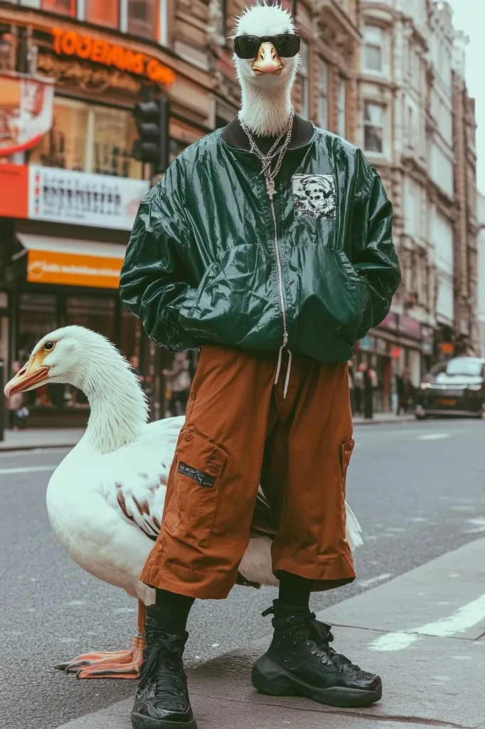 A goose-headed person, clad in a green bomber jacket and rust-colored cargo pants, stands on a city street.  They wear chunky black boots and several necklaces. A large white goose stands beside them, seemingly a companion. The backdrop features a bustling street scene with buildings and vehicles. The overall image is a surreal juxtaposition of human fashion and animal features.