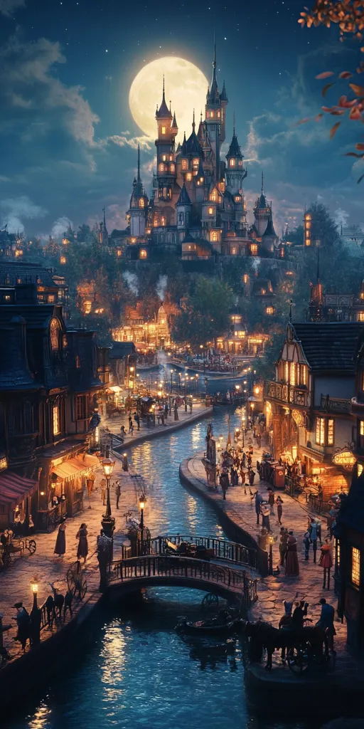 A majestic fairytale castle, illuminated by the warm glow of countless windows, sits atop a hill overlooking a charming canal town.  Below, quaint buildings line the water's edge, their lights reflecting on the dark, still water. A picturesque bridge arches over the canal, connecting the two sides of this enchanting scene under a large, full moon in a starry night sky. The overall ambiance is magical and peaceful.