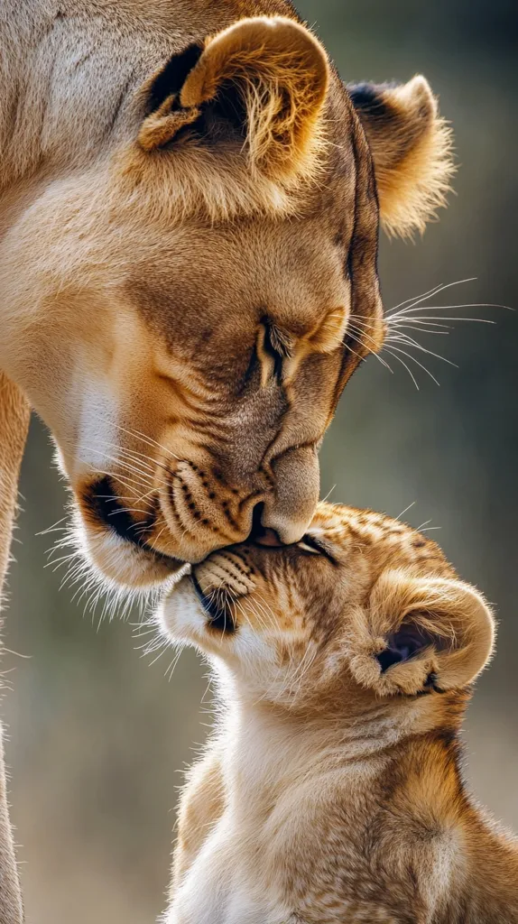 A lioness gently nuzzles her cub, their faces almost touching in a tender moment.  The lioness's fur is a rich, golden brown, while the cub's is lighter.  The soft lighting enhances the warmth and intimacy of the scene, showcasing the strong bond between mother and offspring. The image evokes feelings of love, protection, and the beauty of the natural world.
